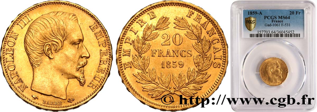 20 francs or Napoléon III, tête nue 1859 Paris F.531/15 fST64 PCGS