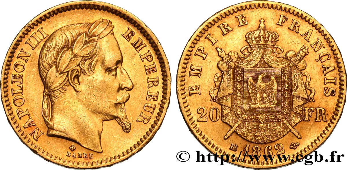 20 francs or Napoléon III, tête laurée 1862 Strasbourg F.532/5 XF45 