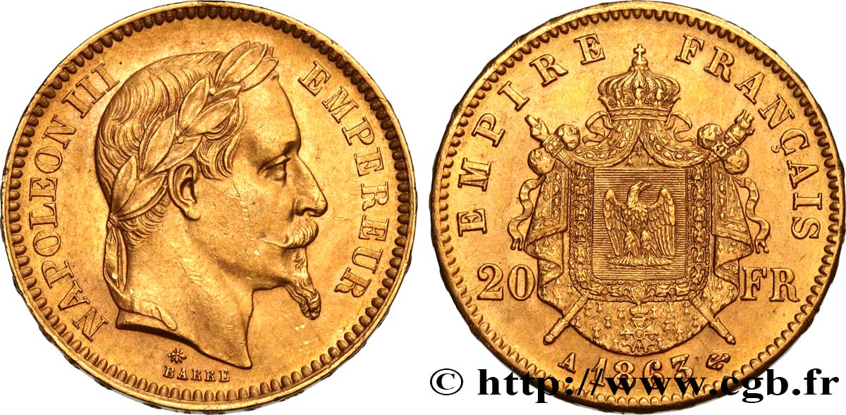20 francs or Napoléon III, tête laurée 1863 Paris F.532/6 SUP58 