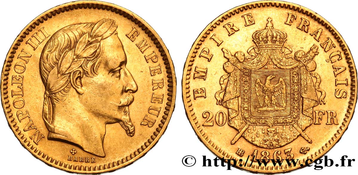 20 francs or Napoléon III, tête laurée 1863 Strasbourg F.532/7 TTB48 