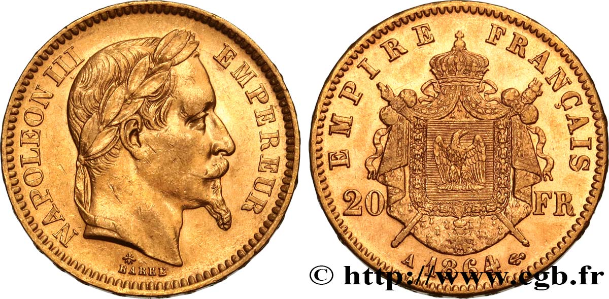 20 francs or Napoléon III, tête laurée 1864 Paris F.532/8 TTB50 