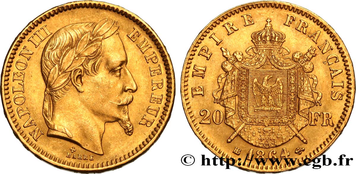 20 francs or Napoléon III, tête laurée 1864 Strasbourg F.532/9 VZ58 