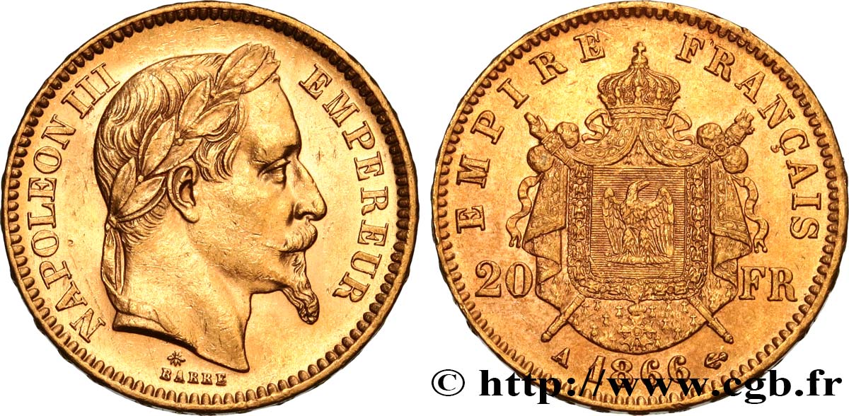 20 francs or Napoléon III, tête laurée 1866 Paris F.532/13 SUP60 