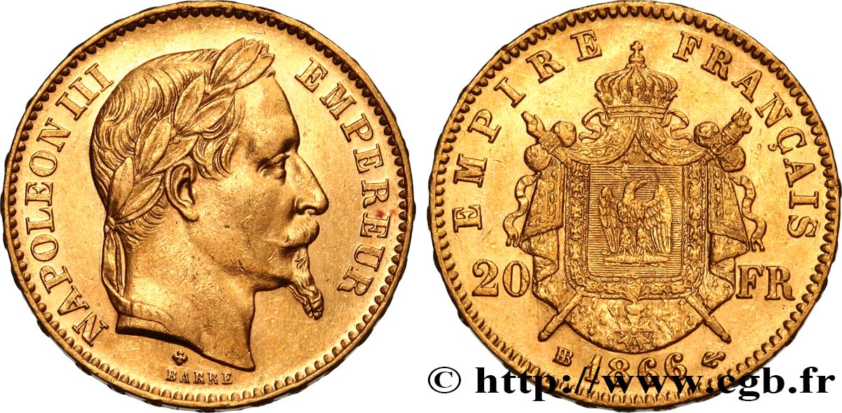 20 francs or Napoléon III, tête laurée 1866 Strasbourg F.532/14 SPL58 