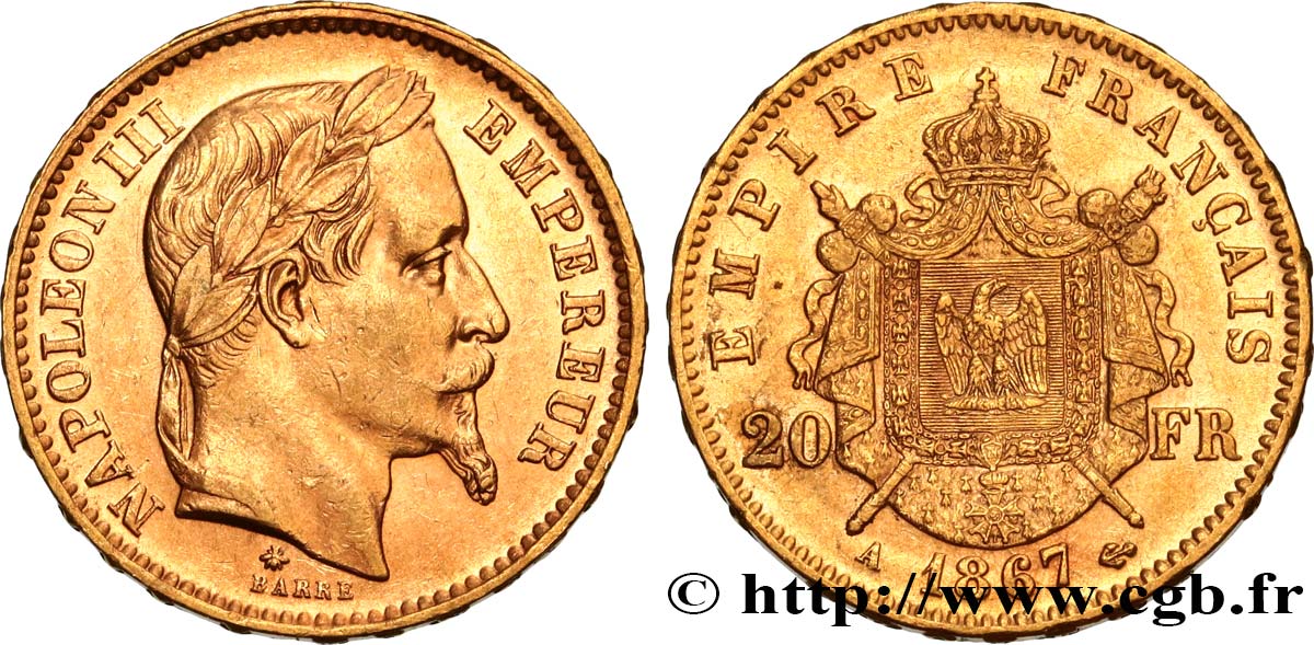20 francs or Napoléon III, tête laurée 1867 Paris F.532/15 BB50 
