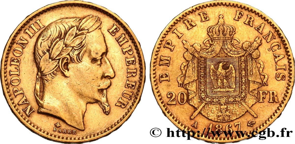 20 francs or Napoléon III, tête laurée 1867 Paris F.532/15 TTB45 