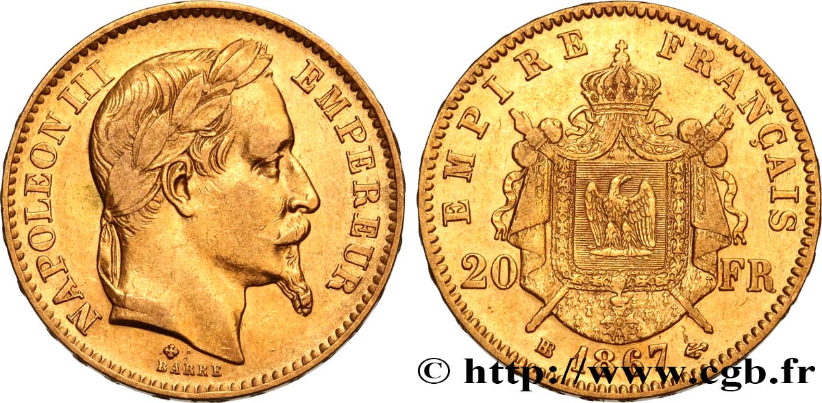 20 francs or Napoléon III, tête laurée 1867 Strasbourg F.532/16 XF40 