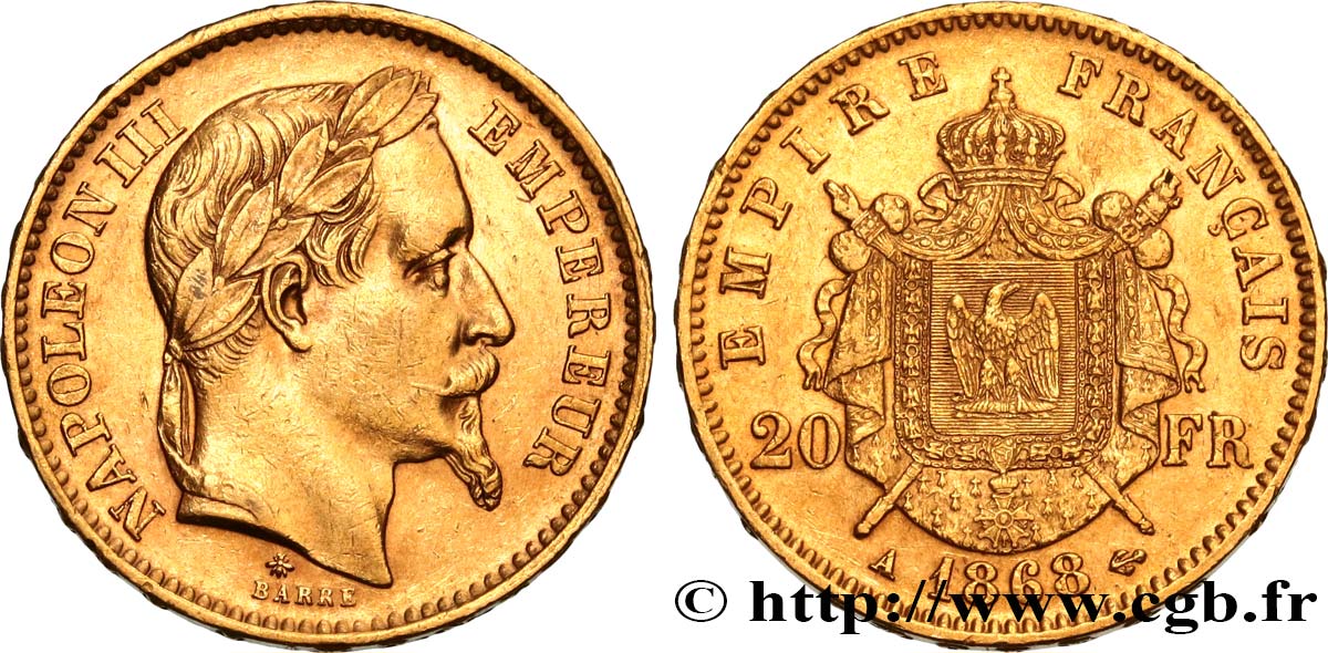 20 francs or Napoléon III, tête laurée 1868 Paris F.532/18 AU52 