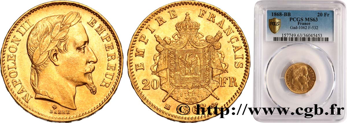 20 francs or Napoléon III, tête laurée 1868 Strasbourg F.532/19 SC63 PCGS