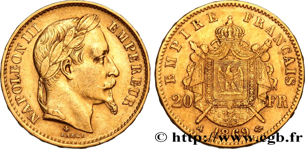 20 francs or Napoléon III, tête laurée 1869 Paris F.532/20 MBC45 