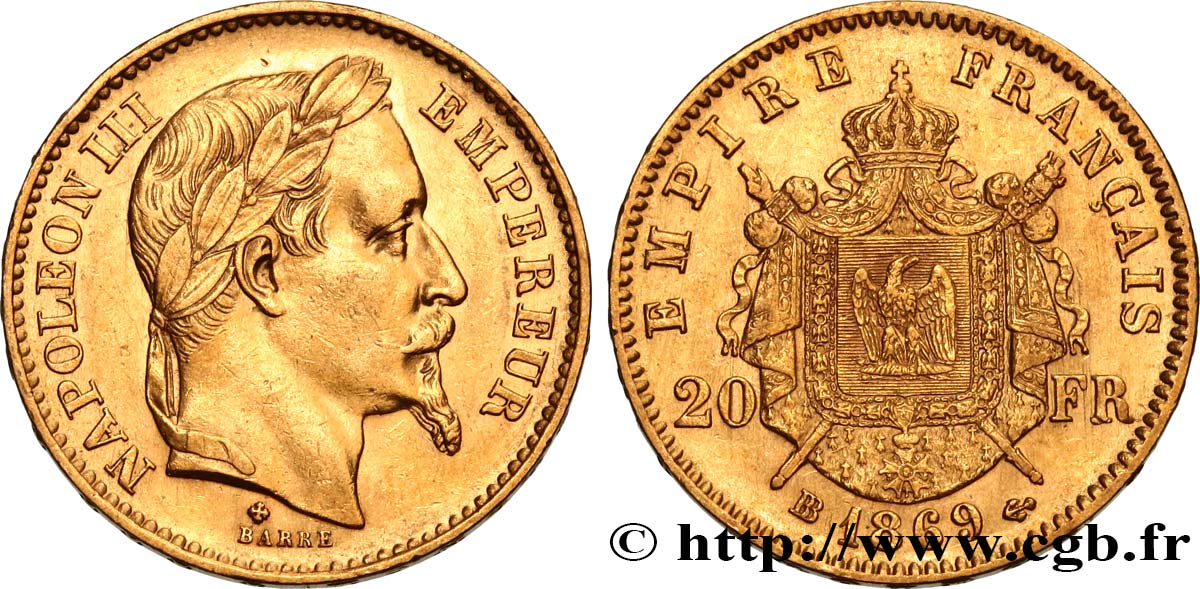 20 francs or Napoléon III, tête laurée, grand BB 1869 Strasbourg F.532/22 AU52 