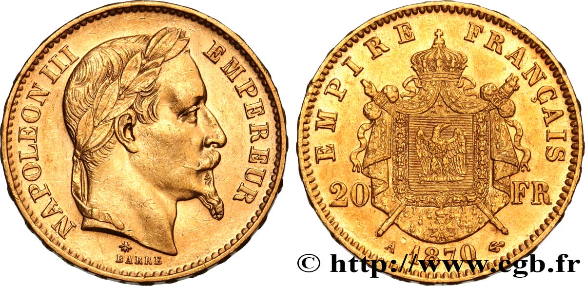 20 francs or Napoléon III, tête laurée 1870 Paris F.532/23 AU55 