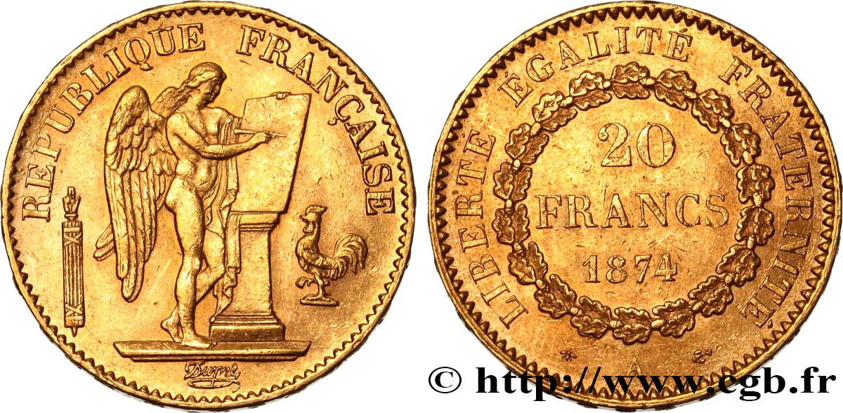 20 francs or Génie, Troisième République 1874 Paris F.533/2 TTB52 