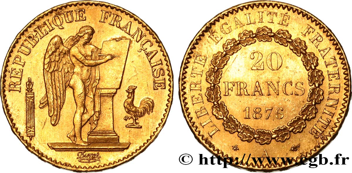 20 francs or Génie, IIIe République 1876 Paris F.533/4 AU55 