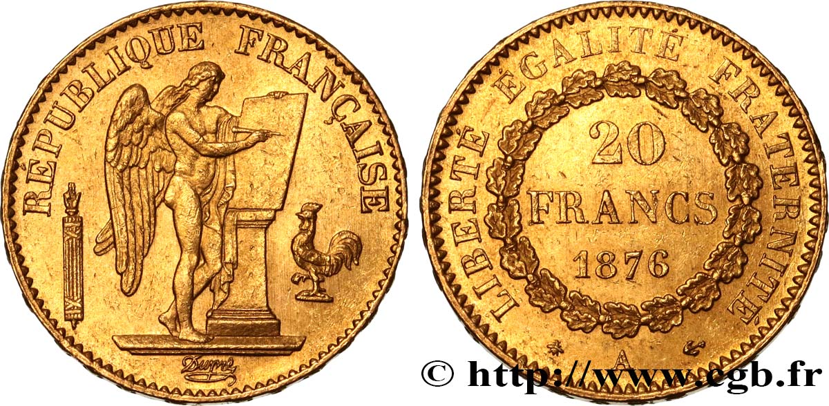 20 francs or Génie, IIIe République 1876 Paris F.533/4 AU55 