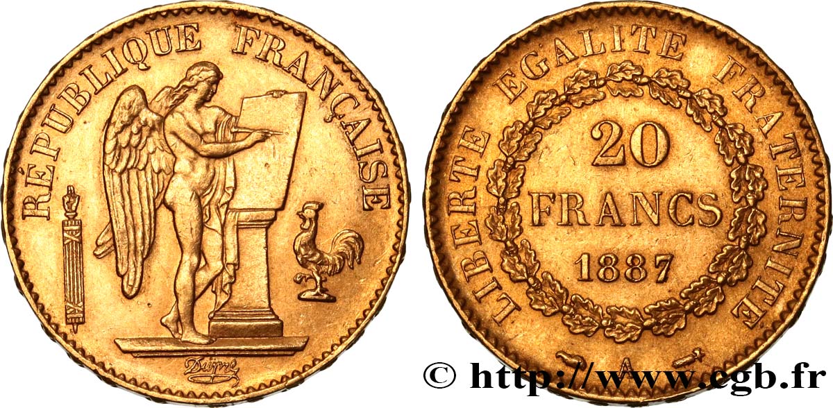 20 francs or Génie, Troisième République 1887 Paris F.533/10 AU54 