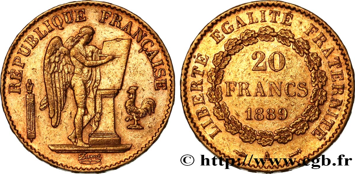 20 francs or Génie, Troisième République 1889 Paris F.533/12 MBC 