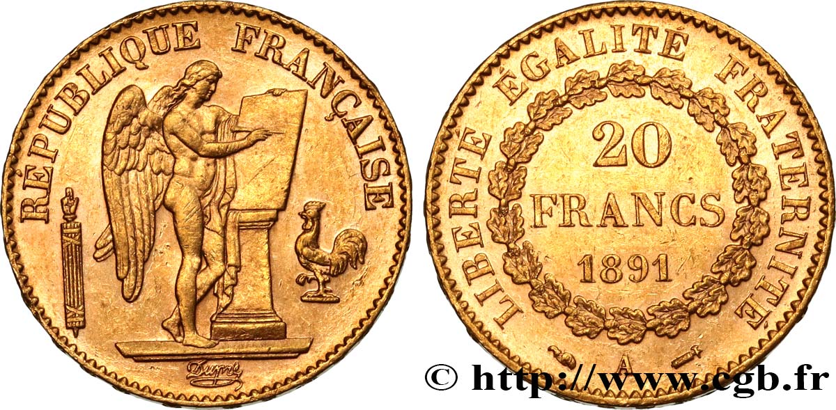 20 francs or Génie, IIIe République 1891 Paris F.533/15 EBC60 