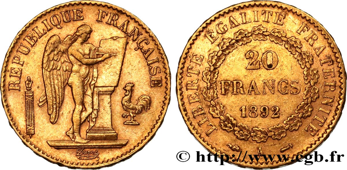20 francs or Génie, Troisième République 1892 Paris F.533/16 MBC48 