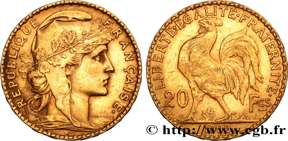 20 francs or Coq, Dieu protège la France 1900 Paris F.534/4 XF45 