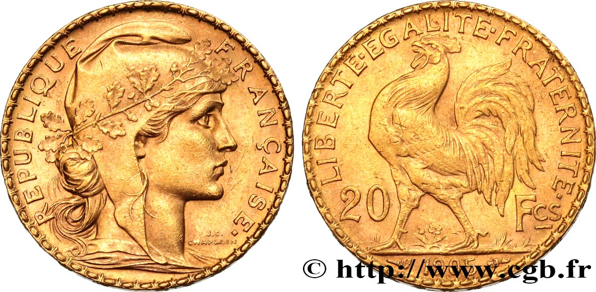 20 francs or Coq, Dieu protège la France 1905 Paris F.534/10 AU52 