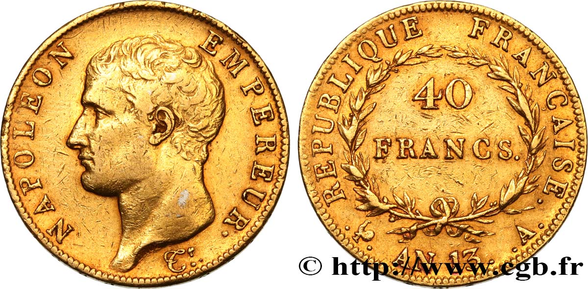 40 francs or Napoléon tête nue, Calendrier révolutionnaire 1805 Paris F.537/1 MBC45 