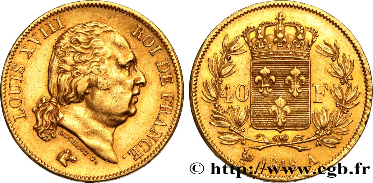 40 francs or Louis XVIII 1818 Paris F.542/7 AU50 