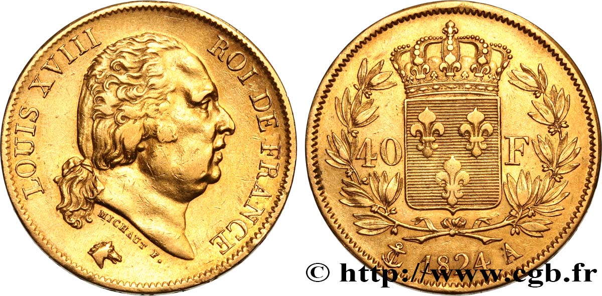 40 francs or Louis XVIII 1824 Paris F.542/16 XF48 