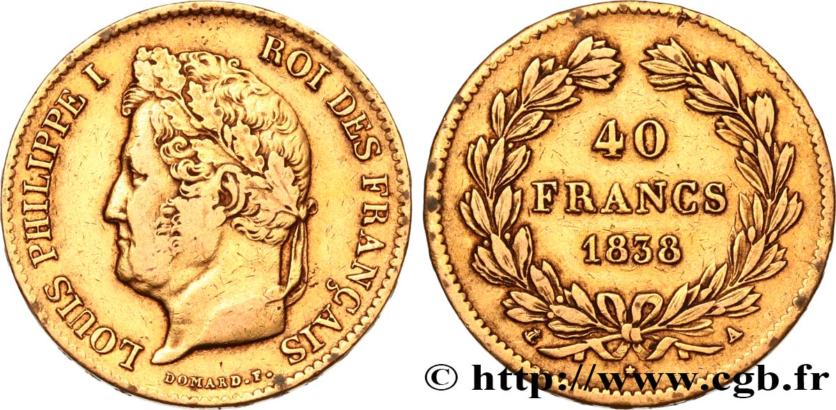 40 francs or Louis-Philippe 1838 Paris F.546/11 BC35 