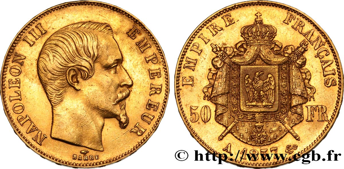 50 francs or Napoléon III, tête nue 1857 Paris F.547/4 TTB50 