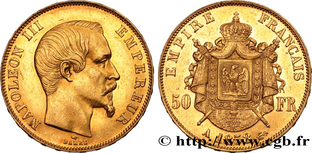 50 francs or Napoléon III, tête nue 1858 Paris F.547/5 TTB50 