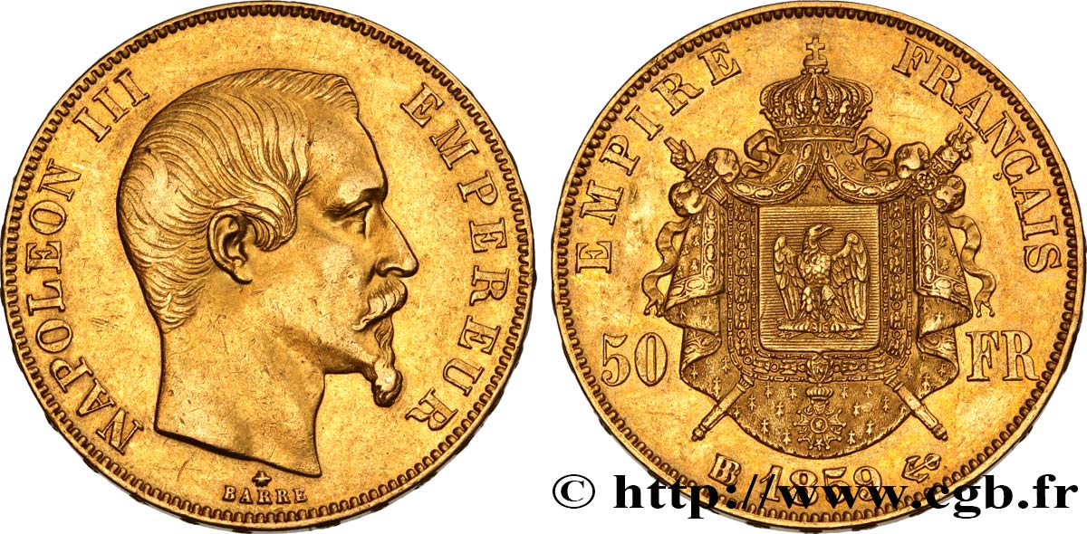 50 francs or Napoléon III, tête nue 1859 Strasbourg F.547/8 SS50 