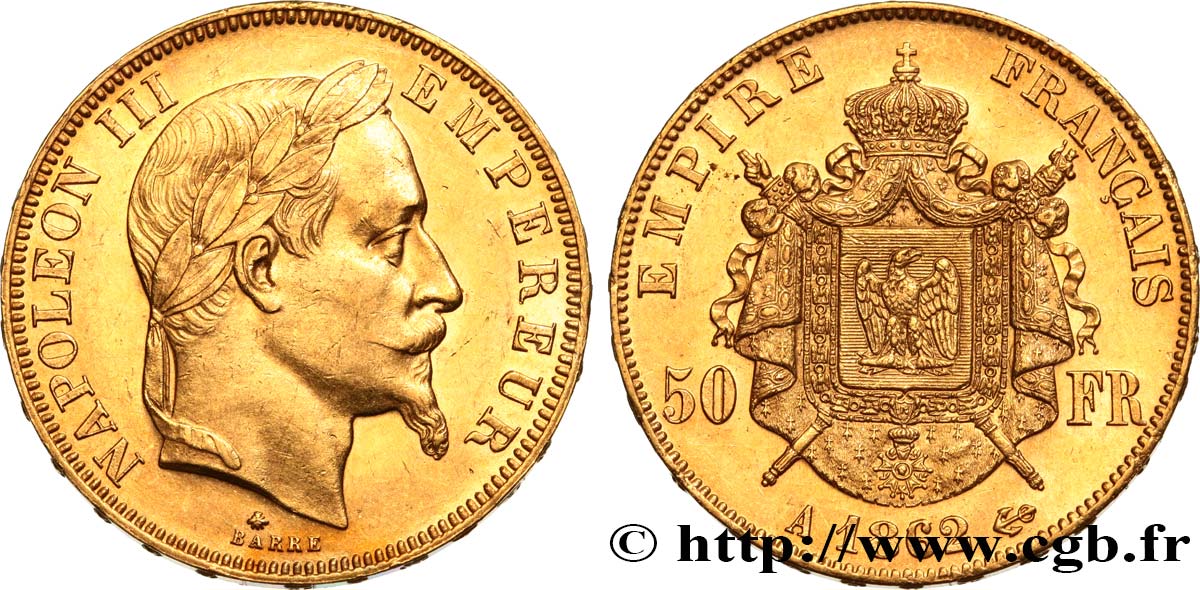 50 francs or Napoléon III, tête laurée 1862 Paris F.548/1 EBC58 