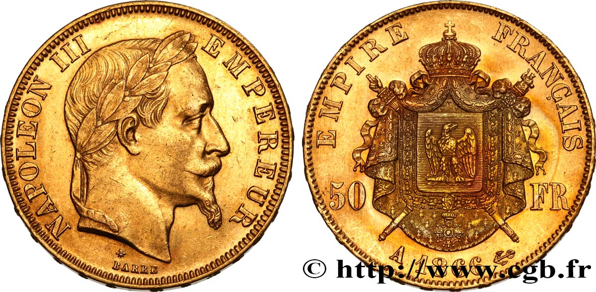 50 francs or Napoléon III, tête laurée 1866 Paris F.548/6 SUP58 