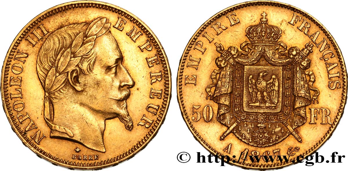 50 francs or Napoléon III, tête laurée 1867 Paris F.548/8 BB52 