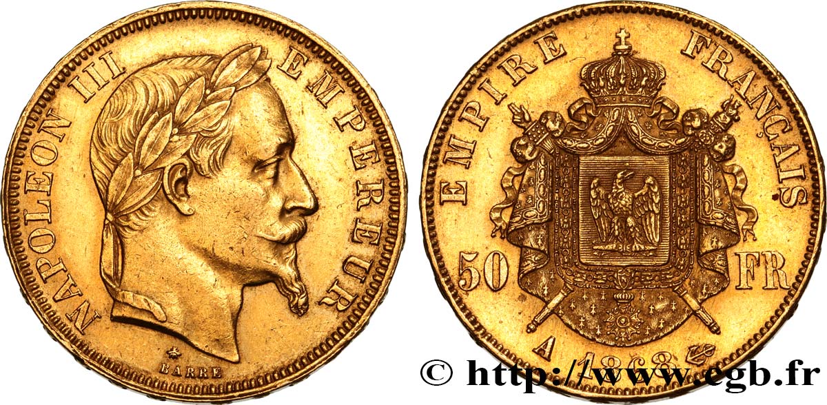 50 francs or Napoléon III, tête laurée 1868 Paris F.548/10 MBC52 