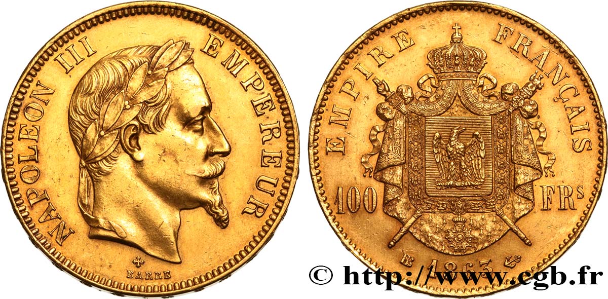 100 francs or Napoléon III, tête laurée 1863 Strasbourg F.551/3 AU54 
