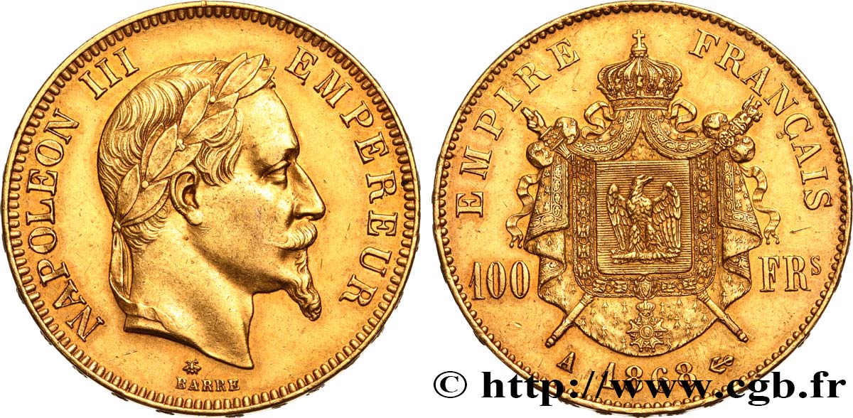 100 francs or Napoléon III, tête laurée 1868 Paris F.551/10 MBC50 