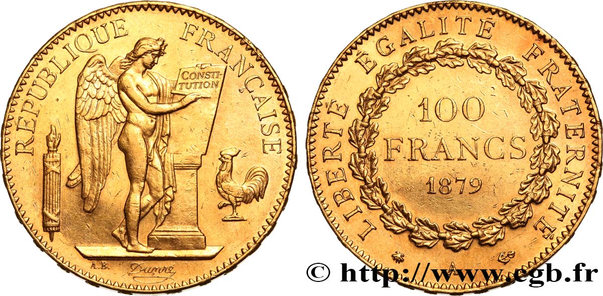 100 francs or Génie, tranche inscrite en relief Dieu protège la France 1879 Paris F.552/2 VZ55 