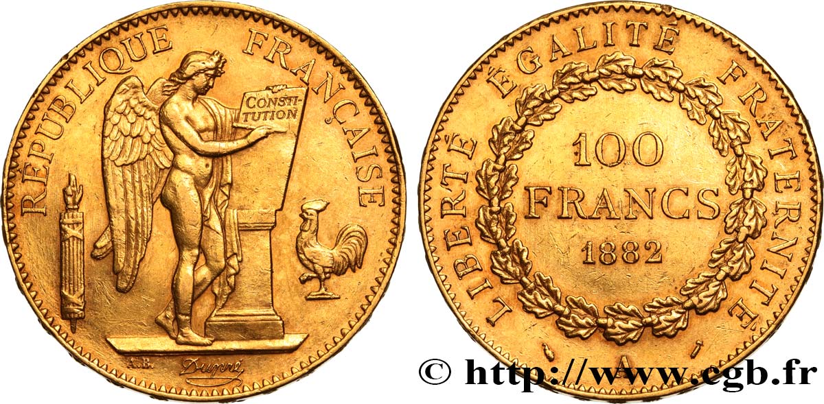 100 francs or Génie, tranche inscrite en relief Dieu protège la France 1882 Paris F.552/5 AU50 