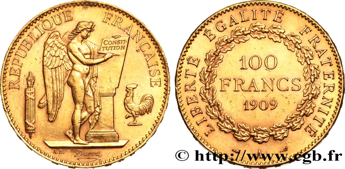 100 francs or Génie, tranche inscrite en relief Liberté Égalité Fraternité 1909 Paris F.553/3 SPL55 