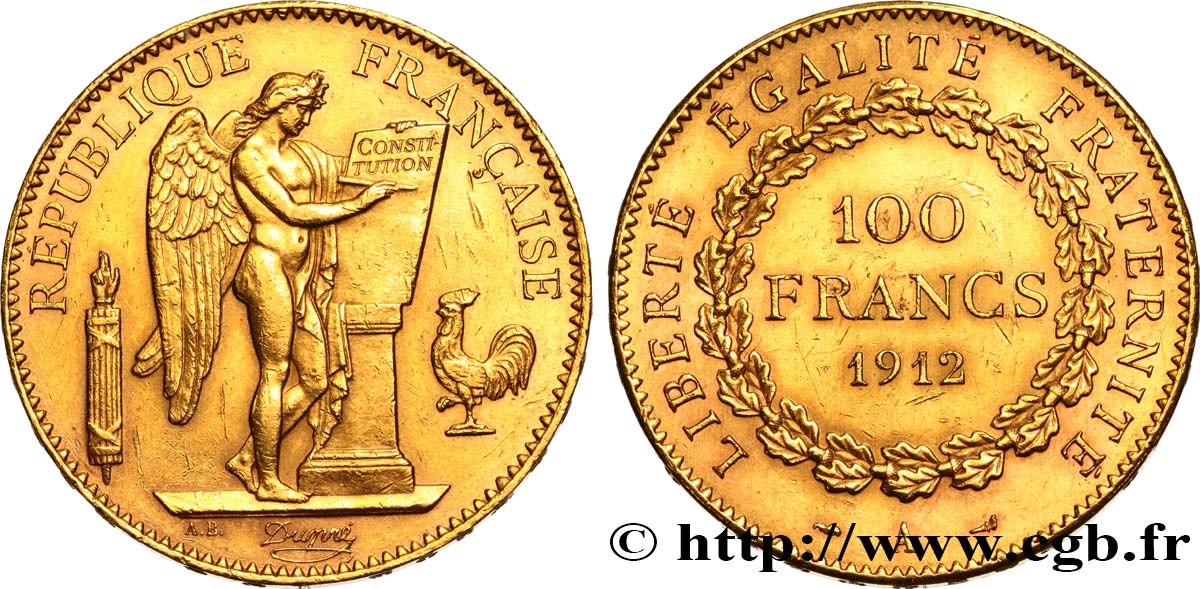 100 francs or Génie, tranche inscrite en relief Liberté Égalité Fraternité 1912 Paris F.553/6 AU54 