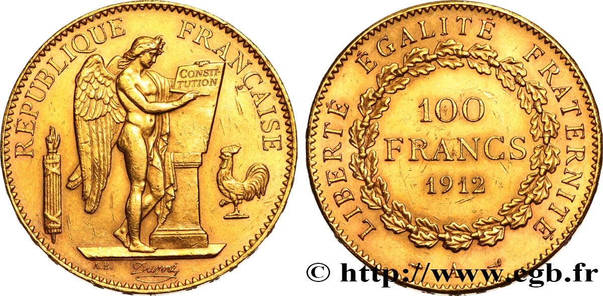 100 francs or Génie, tranche inscrite en relief Liberté Égalité Fraternité 1912 Paris F.553/6 MBC54 