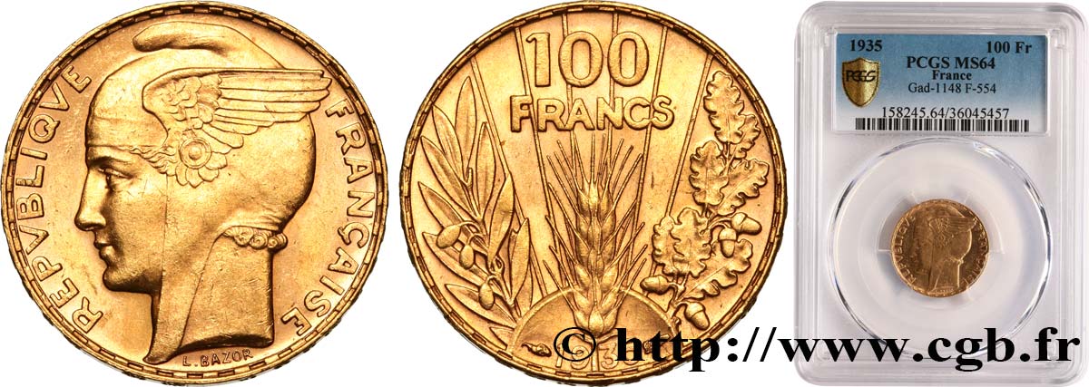 100 francs or, Bazor 1935 Paris F.554/6 fST64 PCGS