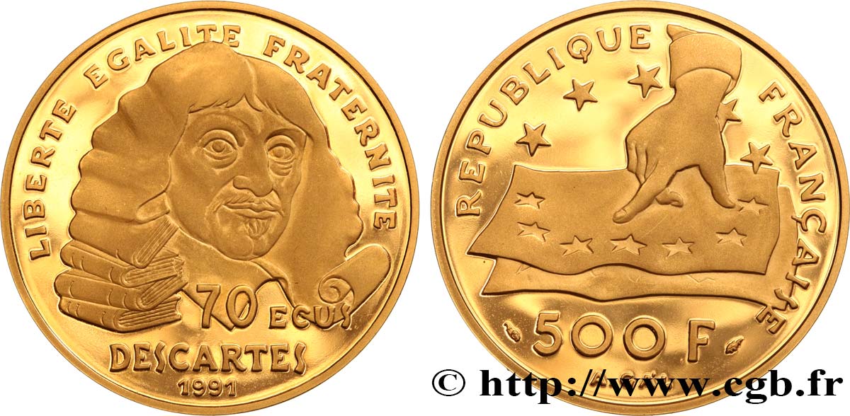 Belle Epreuve Or 500 francs/70 écus - Descartes 1991 Pessac F.2101 2 ST 