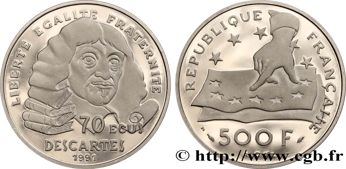 Belle Épreuve Platine 500 francs/70 écus - Descartes 1991 Pessac F.2101 1 ST 