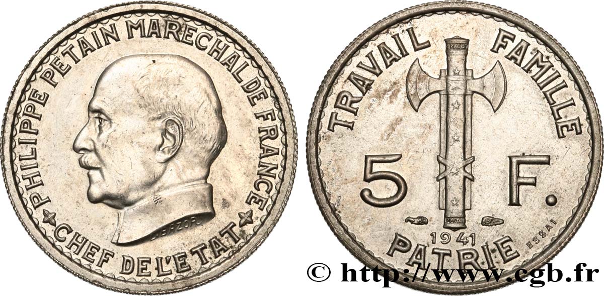 Essai de 5 francs Pétain 1941 Paris F.338/1 SPL60 