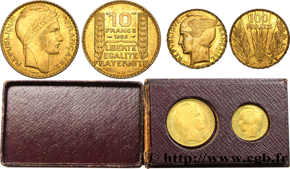Concours monétaire de 1929, boîte de 2 essais, 100 francs Bazor et 10 francs Turin en bronze-aluminium 1929 Paris F.360/1 var. VZ62 