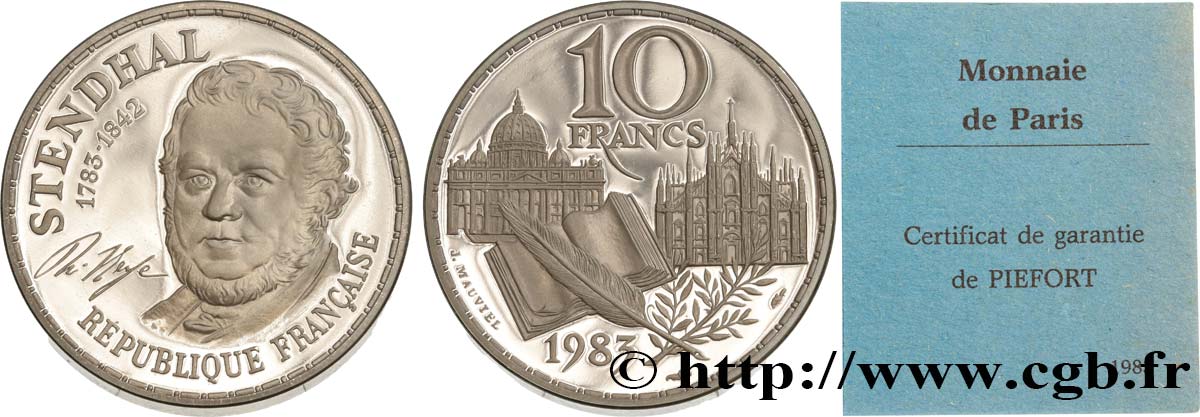 Piéfort argent de 10 francs Stendhal 1983  GEM.189 P2 MS64 