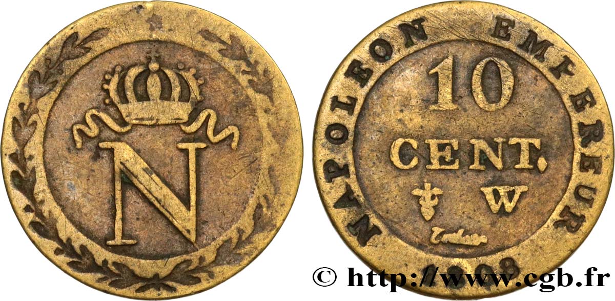 Faux de 10 cent. à l N couronnée 1808 Lille F.130/9 var. BC35 